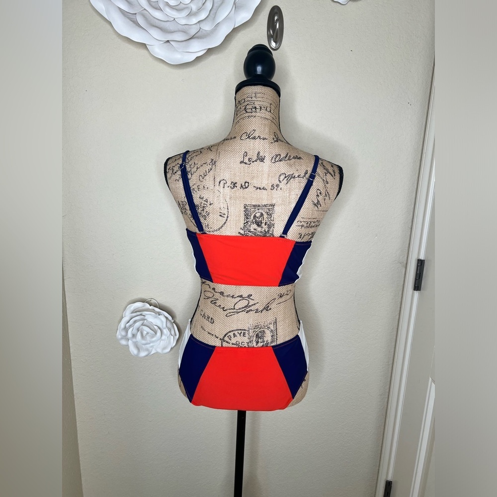 Cupshe Colorblock Bikini Set Orange Blue White Mid Rise Swim Size M - Picture 9 of 16